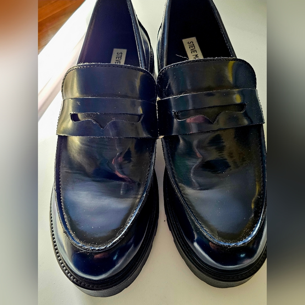 Steve Madden Leland Blue/Black Leather Loafers Slip-Ons NWOT